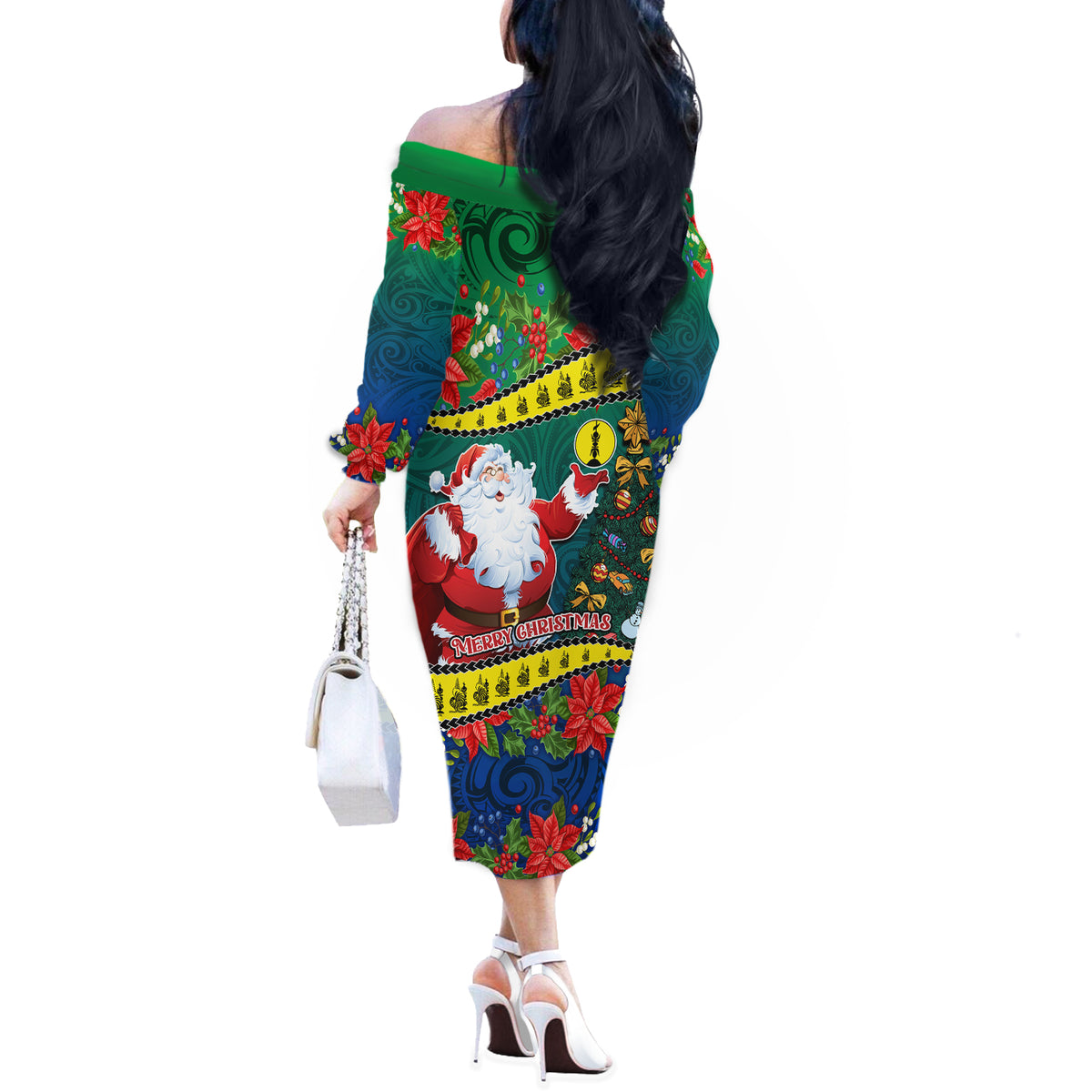 New Caledonia Christmas Off The Shoulder Long Sleeve Dress Santa Claus and Kanak Flag Mix Poinsettia Maori Pattern LT03 - Polynesian Pride