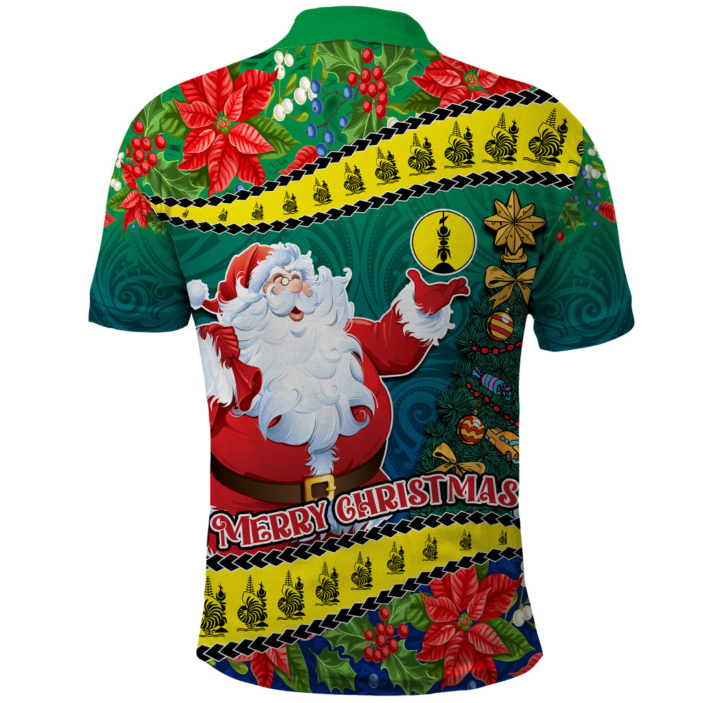 New Caledonia Christmas Polo Shirt Santa Claus and Kanak Flag Mix Poinsettia Maori Pattern LT03 - Polynesian Pride