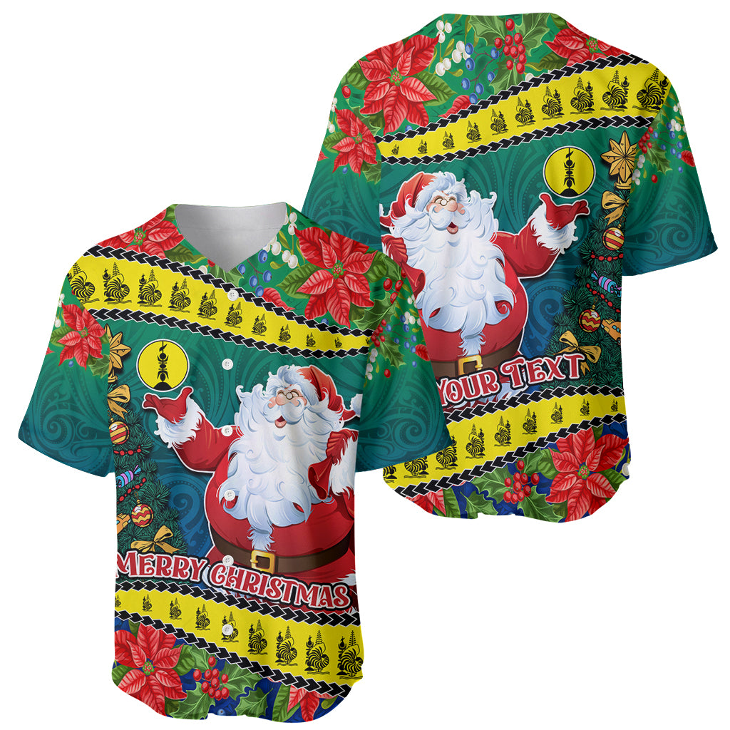 Personalised New Caledonia Christmas Baseball Jersey Santa Claus and Kanak Flag Mix Poinsettia Maori Pattern LT03 - Polynesian Pride