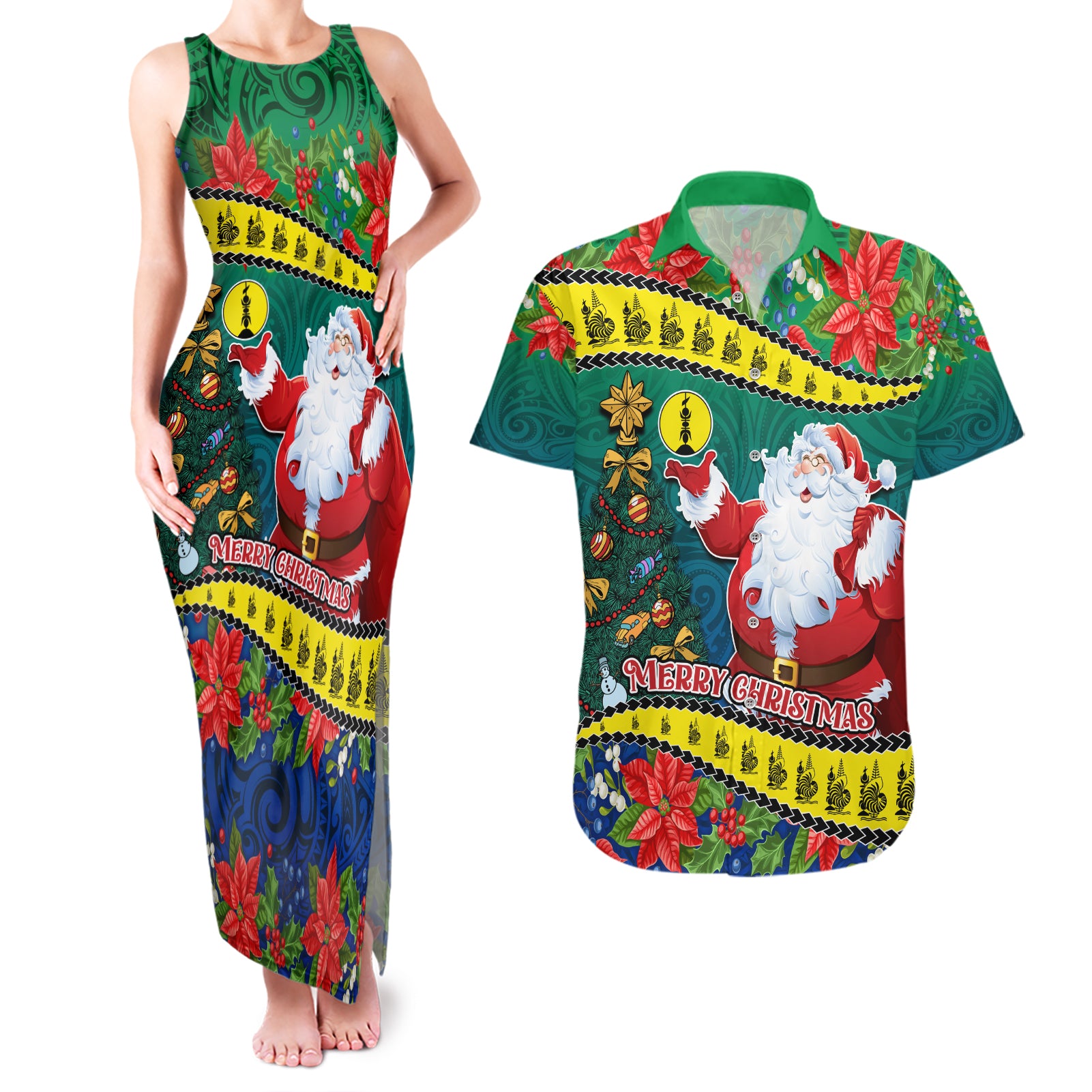 Personalised New Caledonia Christmas Couples Matching Tank Maxi Dress and Hawaiian Shirt Santa Claus and Kanak Flag Mix Poinsettia Maori Pattern LT03 Green - Polynesian Pride