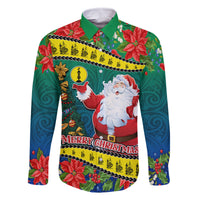 Personalised New Caledonia Christmas Family Matching Off Shoulder Maxi Dress and Hawaiian Shirt Santa Claus and Kanak Flag Mix Poinsettia Maori Pattern LT03 Dad's Shirt - Long Sleeve Green - Polynesian Pride