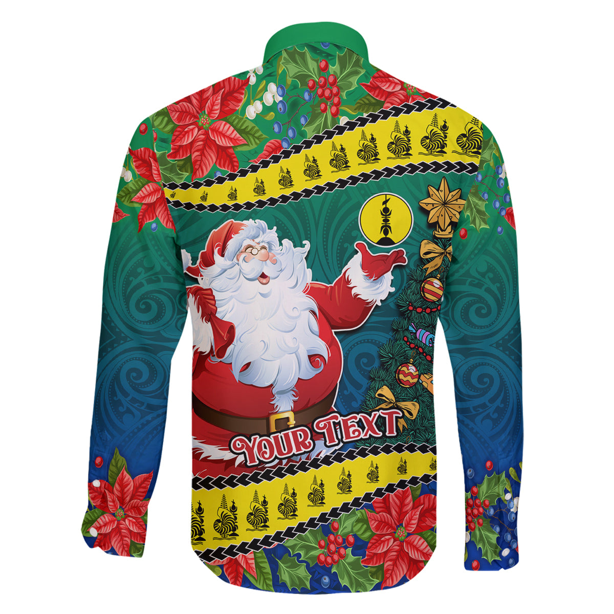 Personalised New Caledonia Christmas Family Matching Off Shoulder Maxi Dress and Hawaiian Shirt Santa Claus and Kanak Flag Mix Poinsettia Maori Pattern LT03 - Polynesian Pride