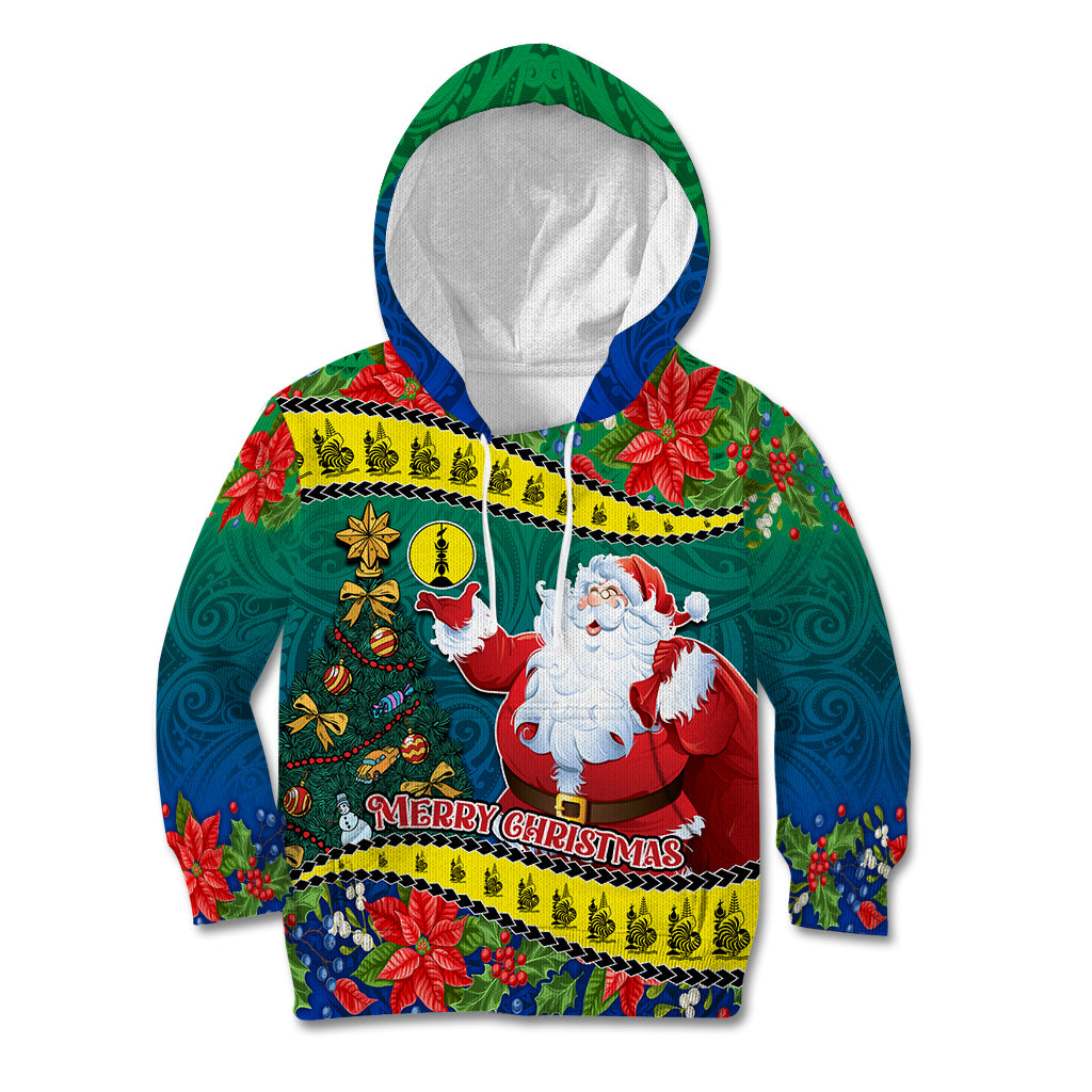 Personalised New Caledonia Christmas Kid Hoodie Santa Claus and Kanak Flag Mix Poinsettia Maori Pattern LT03 Hoodie Green - Polynesian Pride