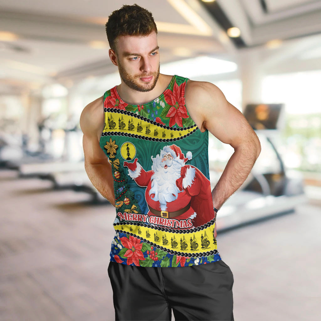 Personalised New Caledonia Christmas Men Tank Top Santa Claus and Kanak Flag Mix Poinsettia Maori Pattern LT03 Green - Polynesian Pride