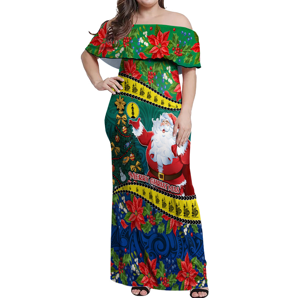 Personalised New Caledonia Christmas Off Shoulder Maxi Dress Santa Claus and Kanak Flag Mix Poinsettia Maori Pattern LT03 Women Green - Polynesian Pride