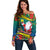 Personalised New Caledonia Christmas Off Shoulder Sweater Santa Claus and Kanak Flag Mix Poinsettia Maori Pattern LT03 Women Green - Polynesian Pride