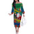 Personalised New Caledonia Christmas Off The Shoulder Long Sleeve Dress Santa Claus and Kanak Flag Mix Poinsettia Maori Pattern LT03 Women Green - Polynesian Pride