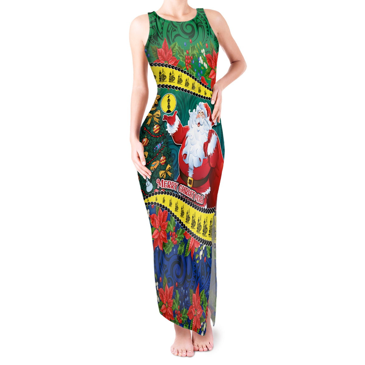 Personalised New Caledonia Christmas Tank Maxi Dress Santa Claus and Kanak Flag Mix Poinsettia Maori Pattern LT03 Women Green - Polynesian Pride