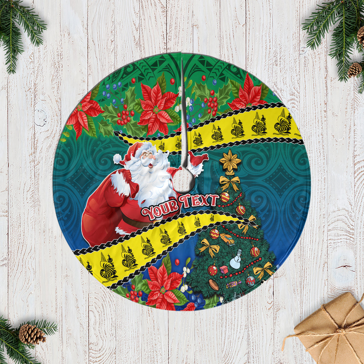 Personalised New Caledonia Christmas Tree Skirt Santa Claus and Kanak Flag Mix Poinsettia Maori Pattern LT03 Green - Polynesian Pride