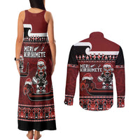 New Zealand Christmas Couples Matching Tank Maxi Dress and Long Sleeve Button Shirt Meri Kirihimete Aotearoa Warrior on Waka with Maori Art Tattoo