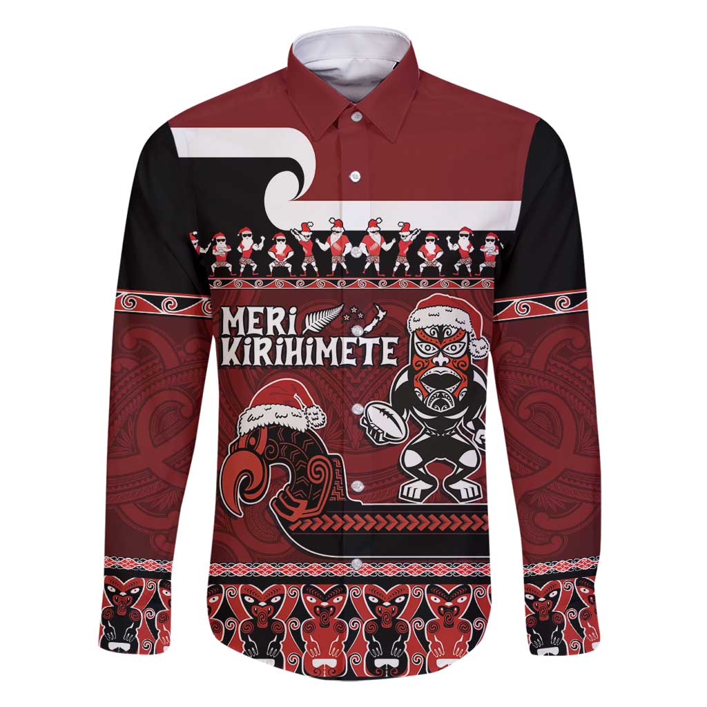 New Zealand Christmas Family Matching Long Sleeve Bodycon Dress and Hawaiian Shirt Meri Kirihimete Aotearoa Warrior on Waka with Maori Art Tattoo LT03 Dad's Shirt - Long Sleeve Red - Polynesian Pride
