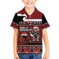 New Zealand Christmas Family Matching Puletasi and Hawaiian Shirt Meri Kirihimete Aotearoa Warrior on Waka with Maori Art Tattoo LT03 Son's Shirt Red - Polynesian Pride
