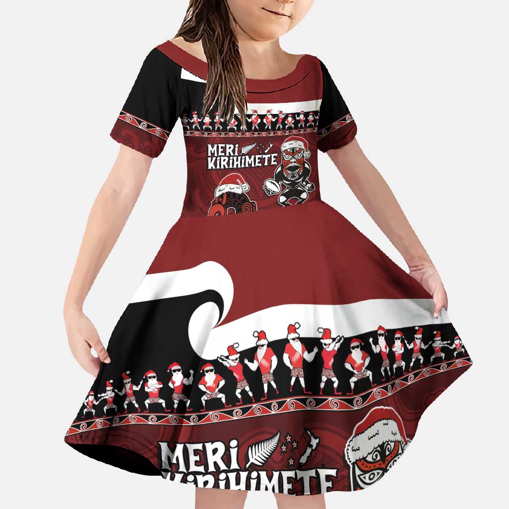 New Zealand Christmas Family Matching Short Sleeve Bodycon Dress and Hawaiian Shirt Meri Kirihimete Aotearoa Warrior on Waka with Maori Art Tattoo LT03 Daughter's Dress Red - Polynesian Pride