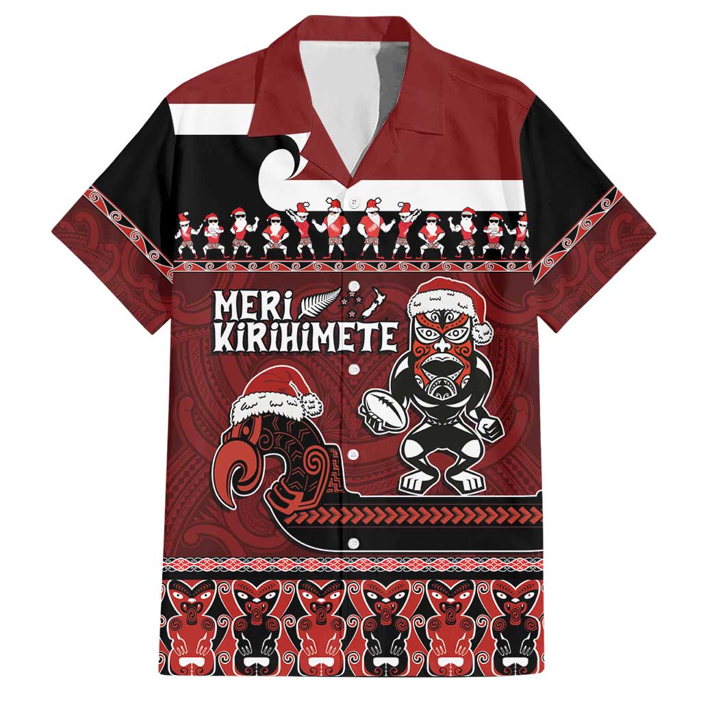 New Zealand Christmas Family Matching Short Sleeve Bodycon Dress and Hawaiian Shirt Meri Kirihimete Aotearoa Warrior on Waka with Maori Art Tattoo LT03 Dad's Shirt - Short Sleeve Red - Polynesian Pride