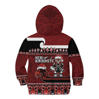 New Zealand Christmas Kid Hoodie Meri Kirihimete Aotearoa Warrior on Waka with Maori Art Tattoo