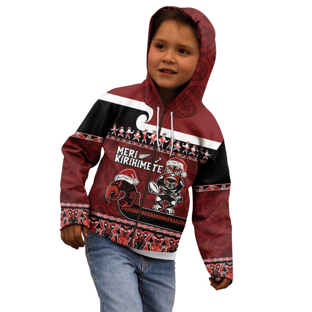 New Zealand Christmas Kid Hoodie Meri Kirihimete Aotearoa Warrior on Waka with Maori Art Tattoo