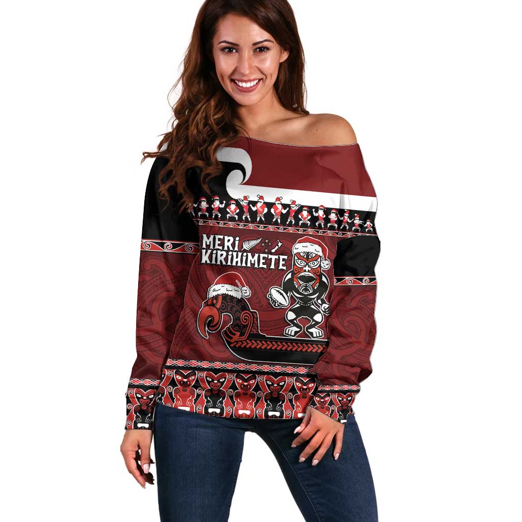 New Zealand Christmas Off Shoulder Sweater Meri Kirihimete Aotearoa Warrior on Waka with Maori Art Tattoo