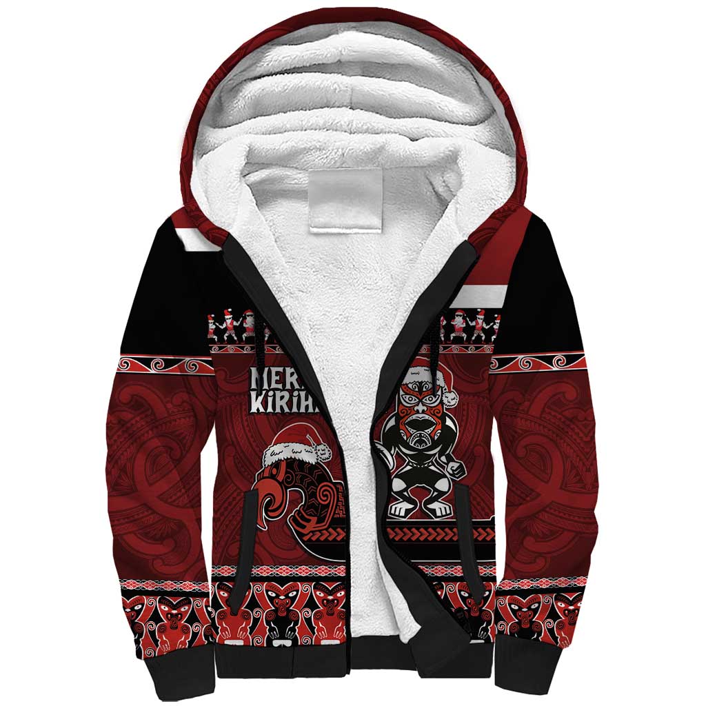 New Zealand Christmas Sherpa Hoodie Meri Kirihimete Aotearoa Warrior on Waka with Maori Art Tattoo