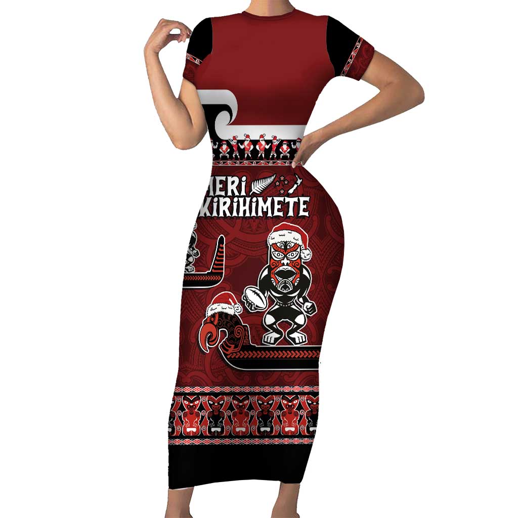 New Zealand Christmas Short Sleeve Bodycon Dress Meri Kirihimete Aotearoa Warrior on Waka with Maori Art Tattoo