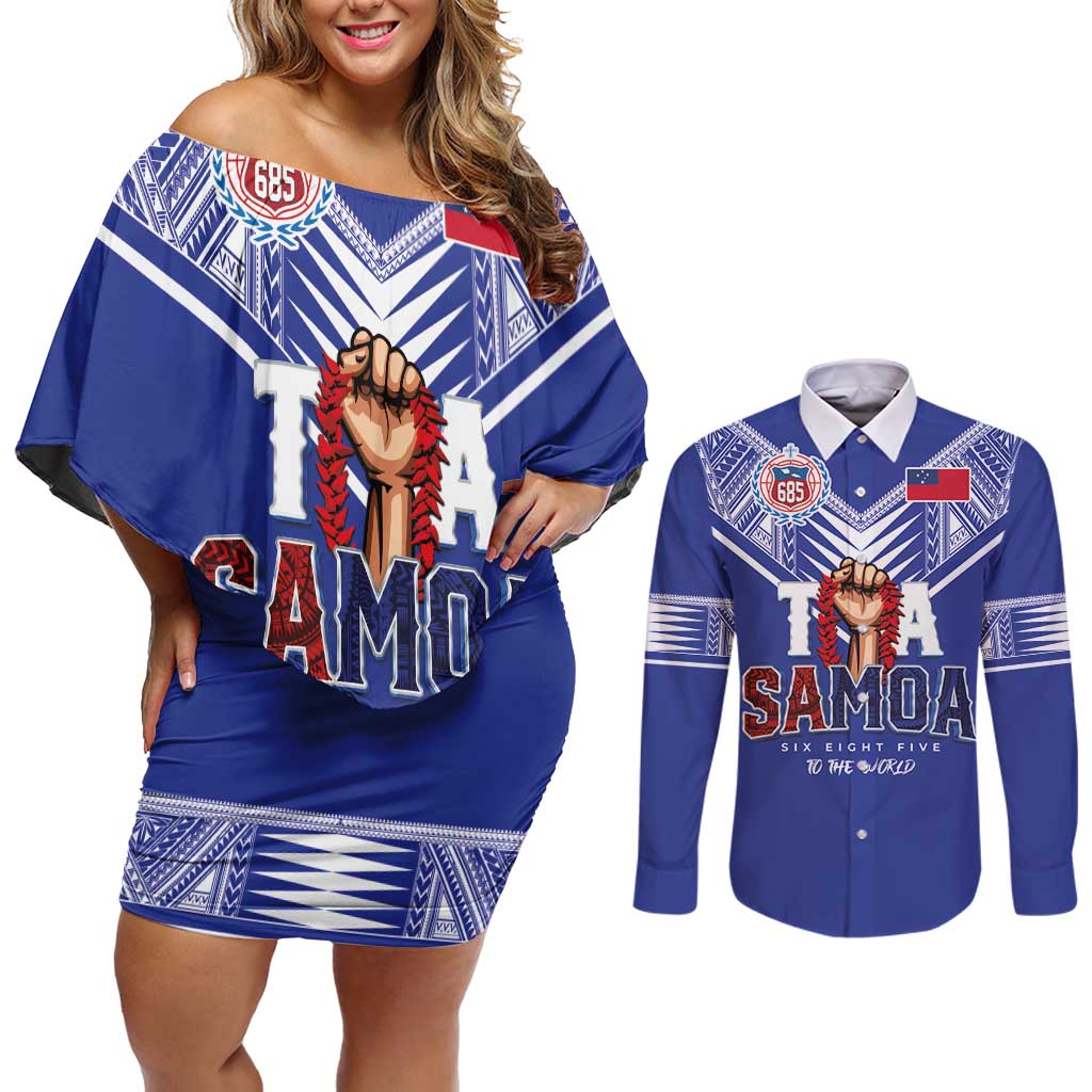 Toa Samoa Rugby Couples Matching Off Shoulder Short Dress and Long Sleeve Button Shirt Six Eight Five to The World