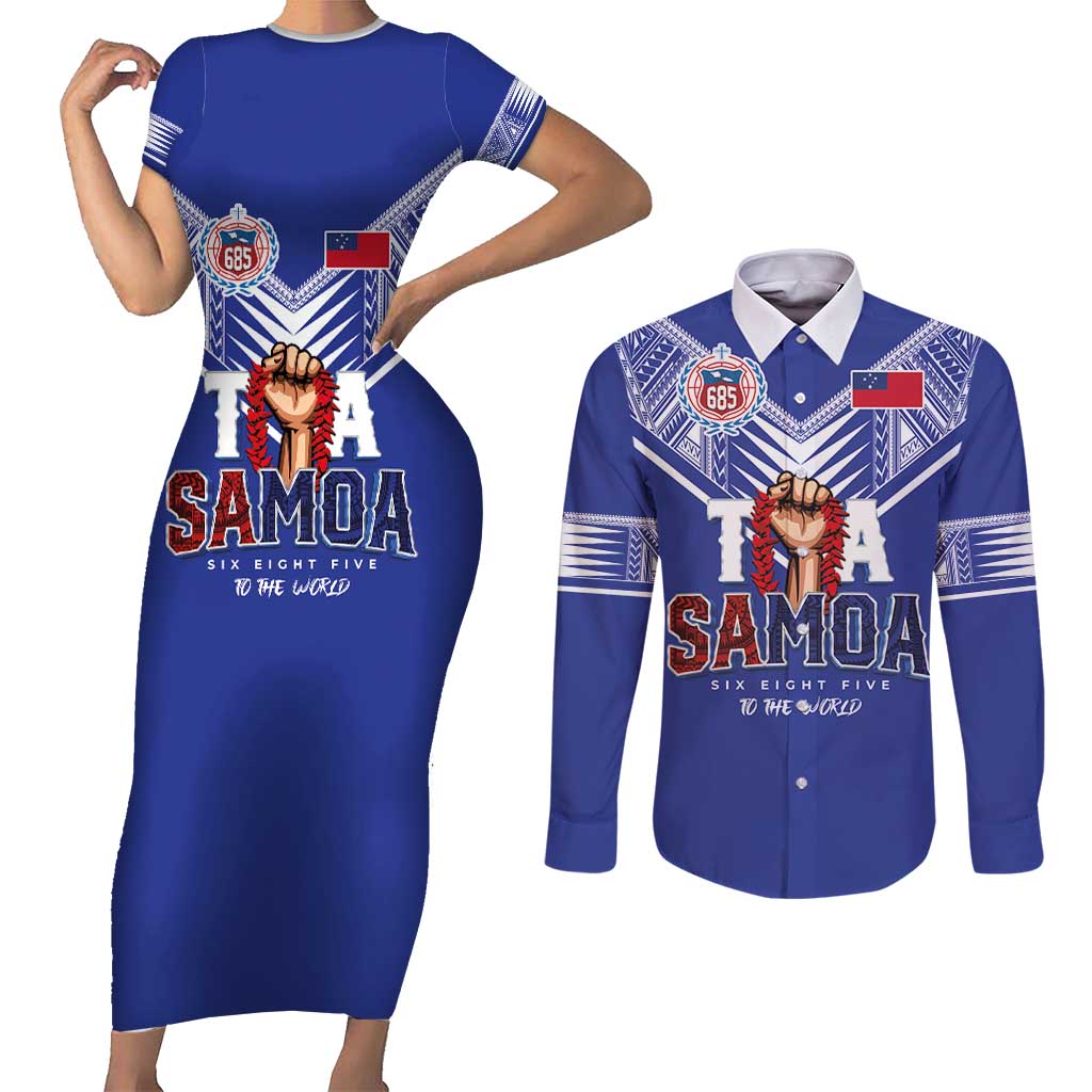 Toa Samoa Rugby Couples Matching Short Sleeve Bodycon Dress and Long Sleeve Button Shirt Six Eight Five to The World