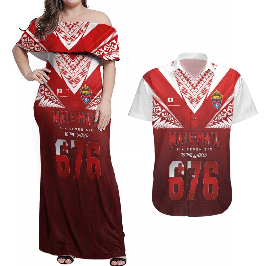Mate Ma'a Tonga Rugby Couples Matching Off Shoulder Maxi Dress and Hawaiian Shirt Six Seven Six to The World LT03 Red - Polynesian Pride