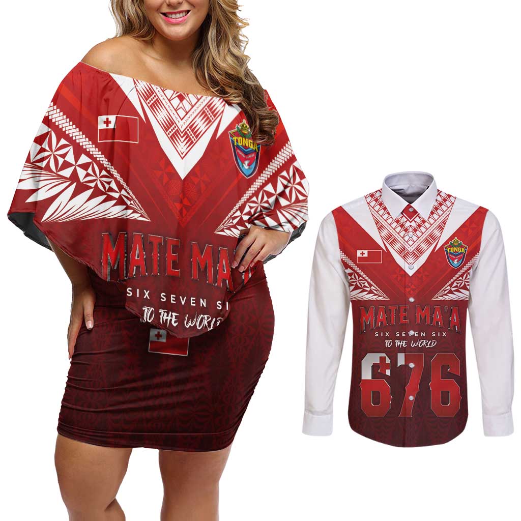 Mate Ma'a Tonga Rugby Couples Matching Off Shoulder Short Dress and Long Sleeve Button Shirt Six Seven Six to The World