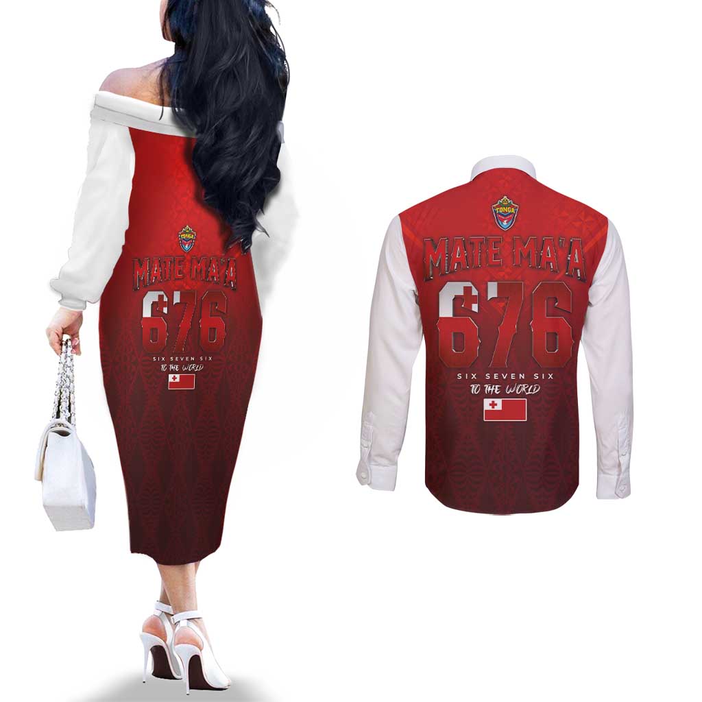 Mate Ma'a Tonga Rugby Couples Matching Off The Shoulder Long Sleeve Dress and Long Sleeve Button Shirt Six Seven Six to The World