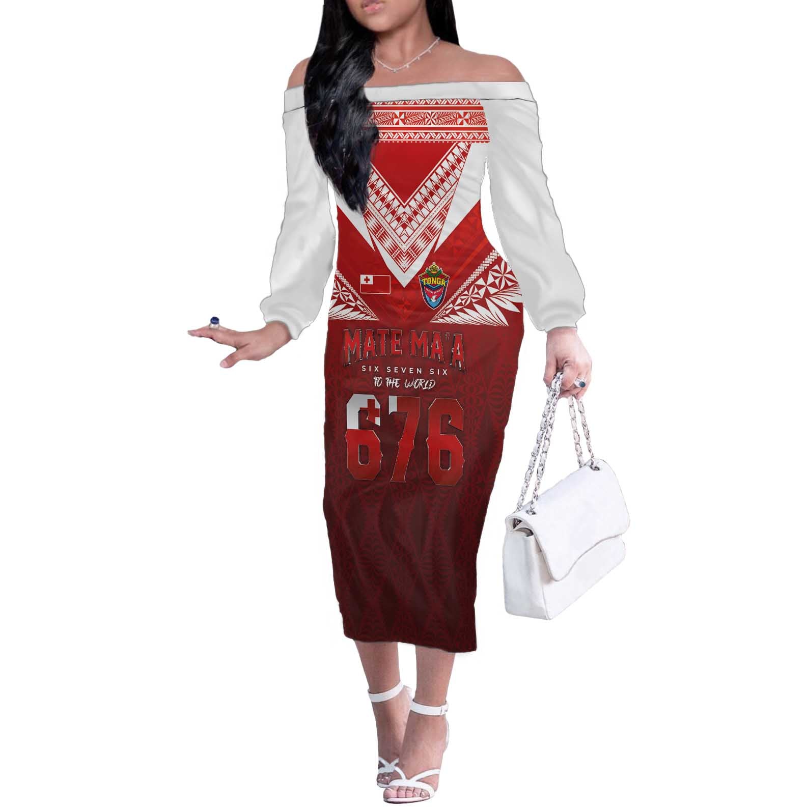 Mate Ma'a Tonga Rugby Off The Shoulder Long Sleeve Dress Six Seven Six to The World