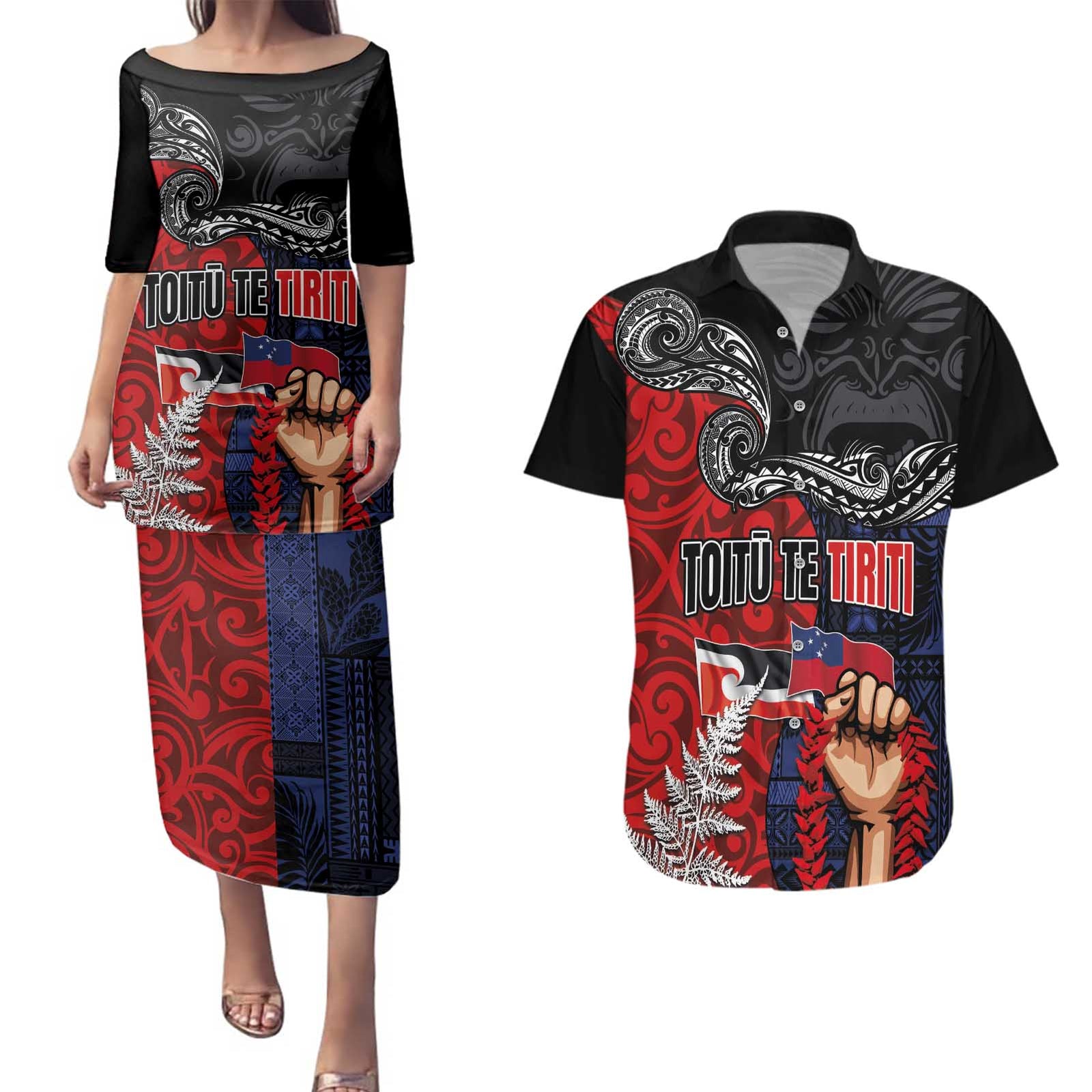 Aotearoa and Samoa Toitu Te Tiriti Couples Matching Puletasi and Hawaiian Shirt Honour the Treaty - Te Tiriti Is Us