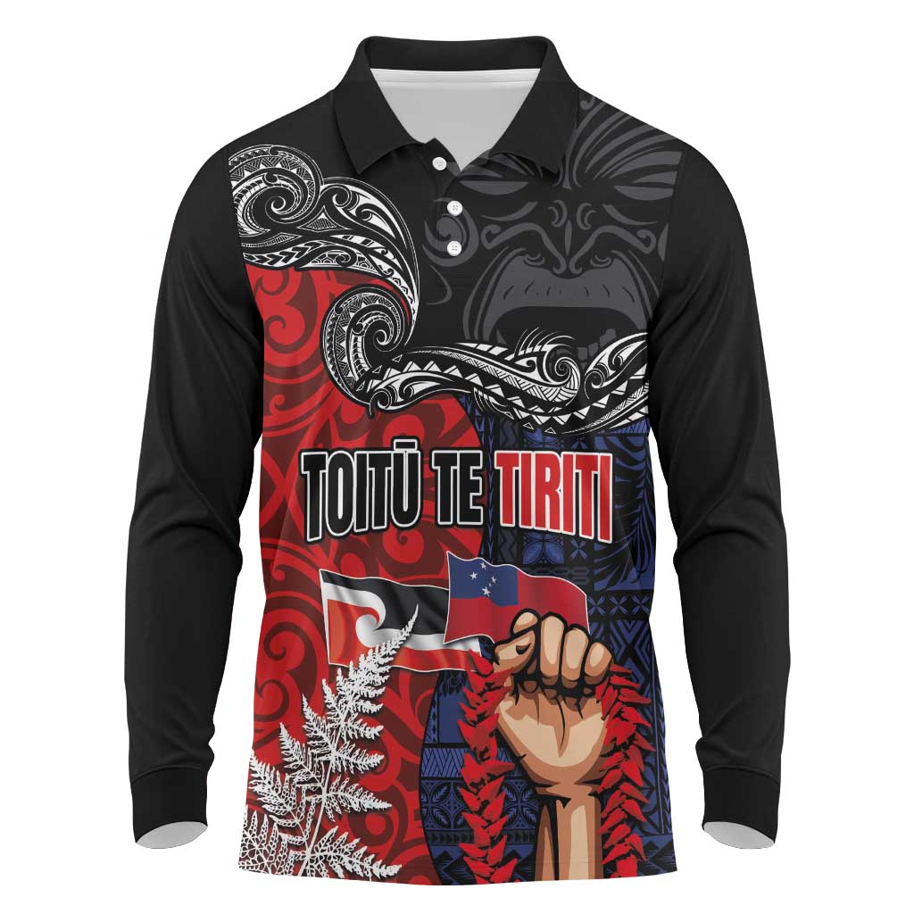 Aotearoa and Samoa Toitu Te Tiriti Long Sleeve Polo Shirt Honour the Treaty - Te Tiriti Is Us