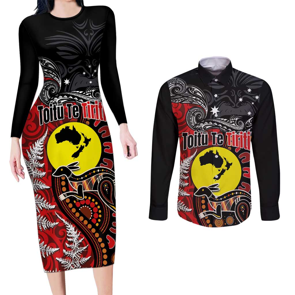 Aotearoa and Australia Toitu Te Tiriti Couples Matching Long Sleeve Bodycon Dress and Long Sleeve Button Shirt Honour the Treaty - Te Tiriti Is Us LT03 Black - Polynesian Pride