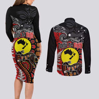 Aotearoa and Australia Toitu Te Tiriti Couples Matching Long Sleeve Bodycon Dress and Long Sleeve Button Shirt Honour the Treaty - Te Tiriti Is Us LT03 - Polynesian Pride