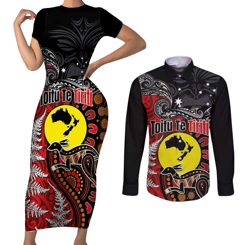 Aotearoa and Australia Toitu Te Tiriti Couples Matching Short Sleeve Bodycon Dress and Long Sleeve Button Shirt Honour the Treaty - Te Tiriti Is Us