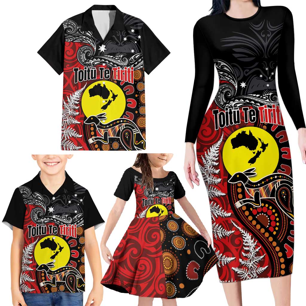 Aotearoa and Australia Toitu Te Tiriti Family Matching Long Sleeve Bodycon Dress and Hawaiian Shirt Honour the Treaty - Te Tiriti Is Us LT03 - Polynesian Pride