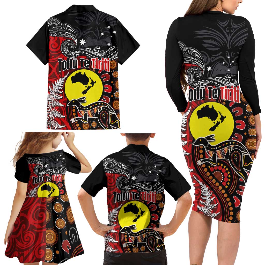 Aotearoa and Australia Toitu Te Tiriti Family Matching Long Sleeve Bodycon Dress and Hawaiian Shirt Honour the Treaty - Te Tiriti Is Us LT03 - Polynesian Pride