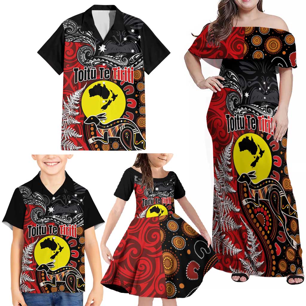 Aotearoa and Australia Toitu Te Tiriti Family Matching Off Shoulder Maxi Dress and Hawaiian Shirt Honour the Treaty - Te Tiriti Is Us LT03 - Polynesian Pride