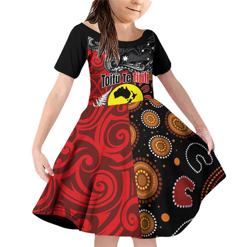 Aotearoa and Australia Toitu Te Tiriti Family Matching Off Shoulder Short Dress and Hawaiian Shirt Honour the Treaty - Te Tiriti Is Us LT03 Daughter's Dress Black - Polynesian Pride