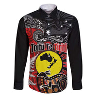 Aotearoa and Australia Toitu Te Tiriti Family Matching Off Shoulder Short Dress and Hawaiian Shirt Honour the Treaty - Te Tiriti Is Us LT03 Dad's Shirt - Long Sleeve Black - Polynesian Pride