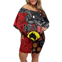 Aotearoa and Australia Toitu Te Tiriti Family Matching Off Shoulder Short Dress and Hawaiian Shirt Honour the Treaty - Te Tiriti Is Us LT03 Mom's Dress Black - Polynesian Pride