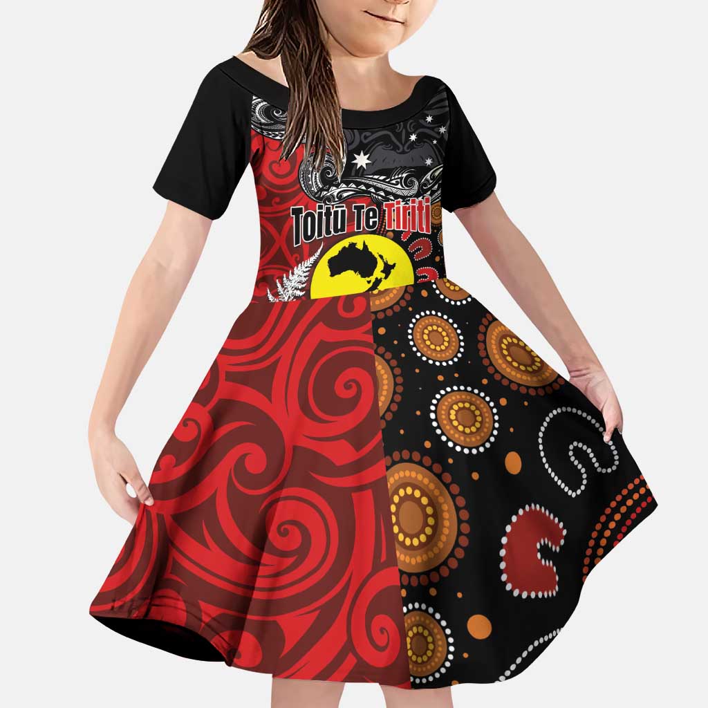 Aotearoa and Australia Toitu Te Tiriti Family Matching Puletasi and Hawaiian Shirt Honour the Treaty - Te Tiriti Is Us LT03 Daughter's Dress Black - Polynesian Pride