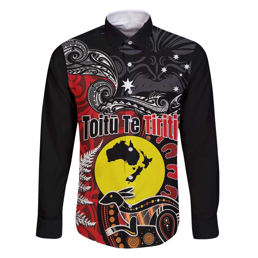 Aotearoa and Australia Toitu Te Tiriti Family Matching Summer Maxi Dress and Hawaiian Shirt Honour the Treaty - Te Tiriti Is Us LT03 Dad's Shirt - Long Sleeve Black - Polynesian Pride