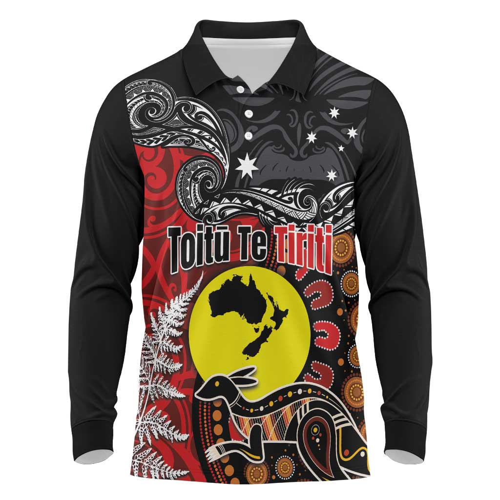Aotearoa and Australia Toitu Te Tiriti Long Sleeve Polo Shirt Honour the Treaty - Te Tiriti Is Us LT03 Black - Polynesian Pride