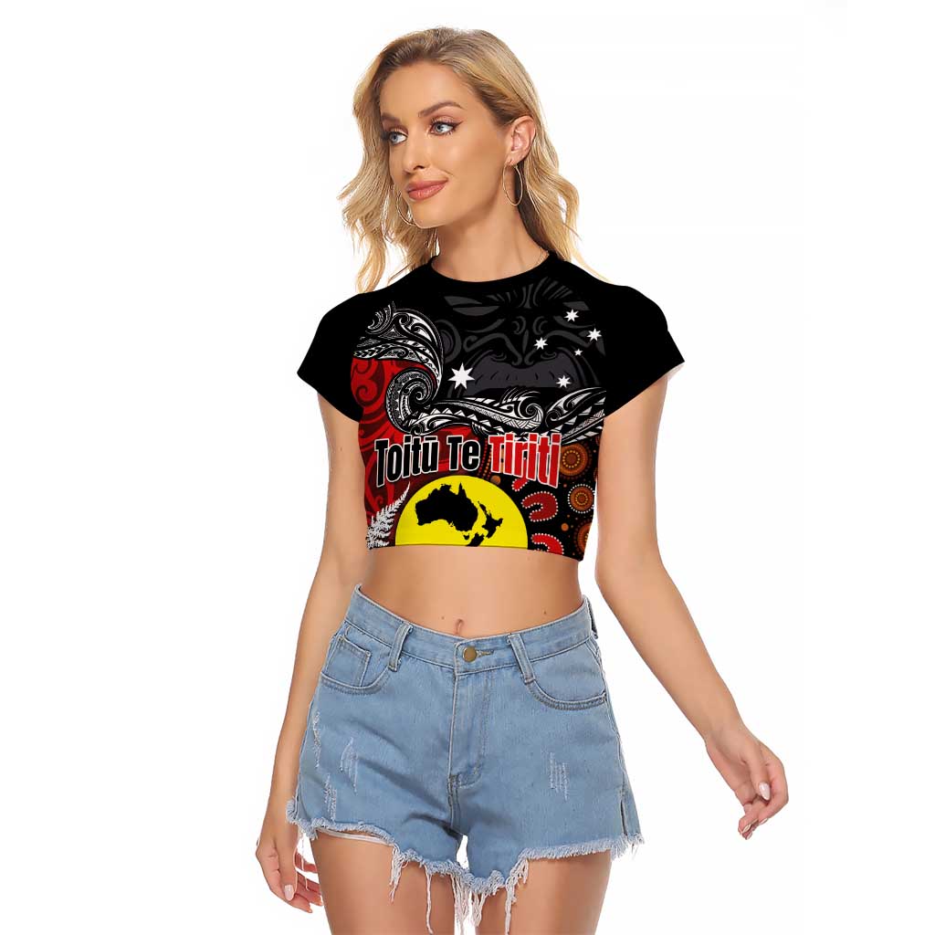 Aotearoa and Australia Toitu Te Tiriti Raglan Cropped T Shirt Honour the Treaty - Te Tiriti Is Us LT03 Female Black - Polynesian Pride