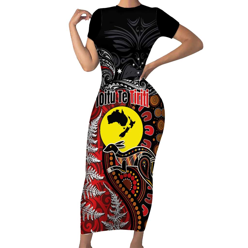 Aotearoa and Australia Toitu Te Tiriti Short Sleeve Bodycon Dress Honour the Treaty - Te Tiriti Is Us