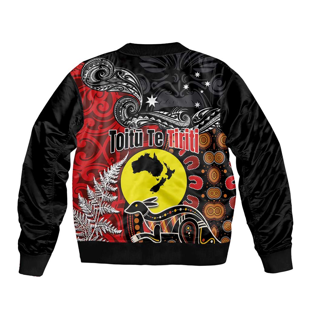 Aotearoa and Australia Toitu Te Tiriti Sleeve Zip Bomber Jacket Honour the Treaty - Te Tiriti Is Us