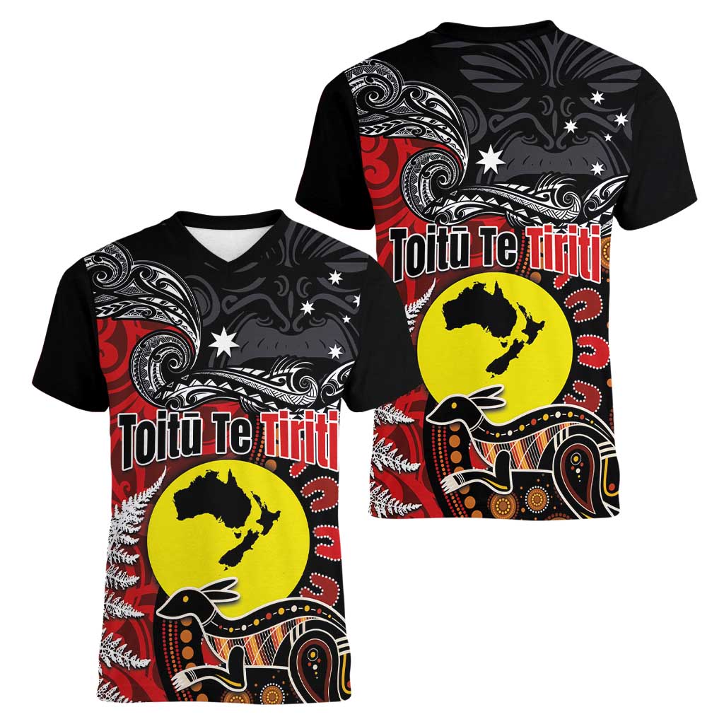 Aotearoa and Australia Toitu Te Tiriti Women V-Neck T-Shirt Honour the Treaty - Te Tiriti Is Us LT03 - Polynesian Pride
