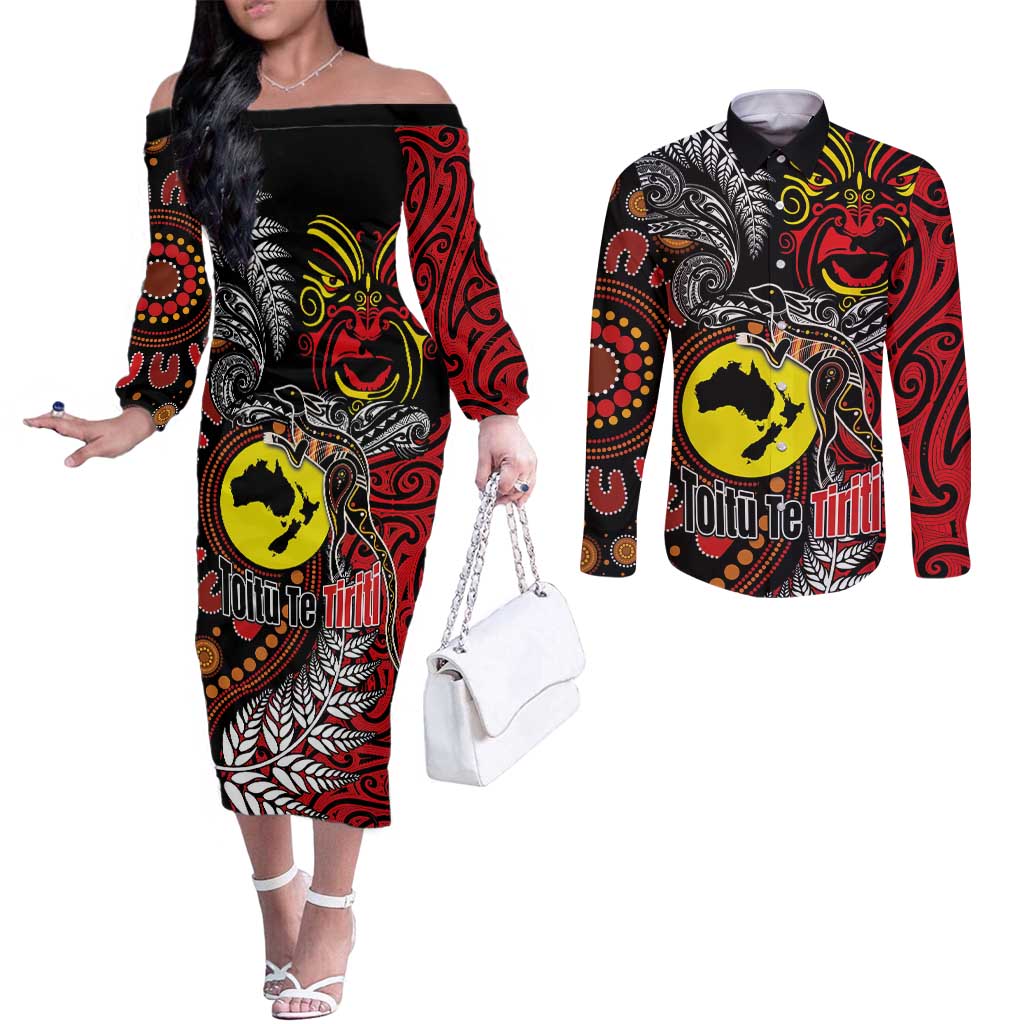 Aotearoa and Australia Toitu Te Tiriti Couples Matching Off The Shoulder Long Sleeve Dress and Long Sleeve Button Shirt Honour the Treaty - Stand Together Stand Stronger