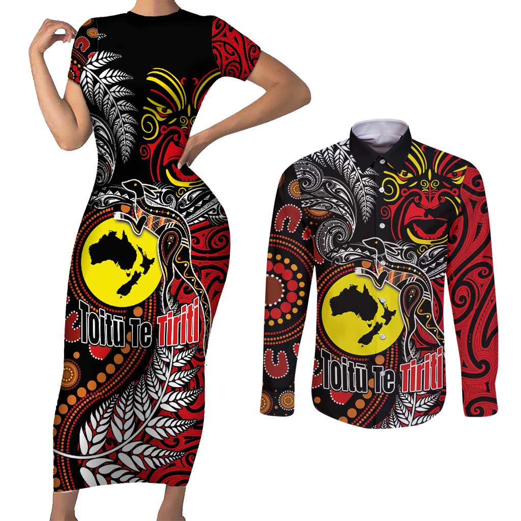 Aotearoa and Australia Toitu Te Tiriti Couples Matching Short Sleeve Bodycon Dress and Long Sleeve Button Shirt Honour the Treaty - Stand Together Stand Stronger