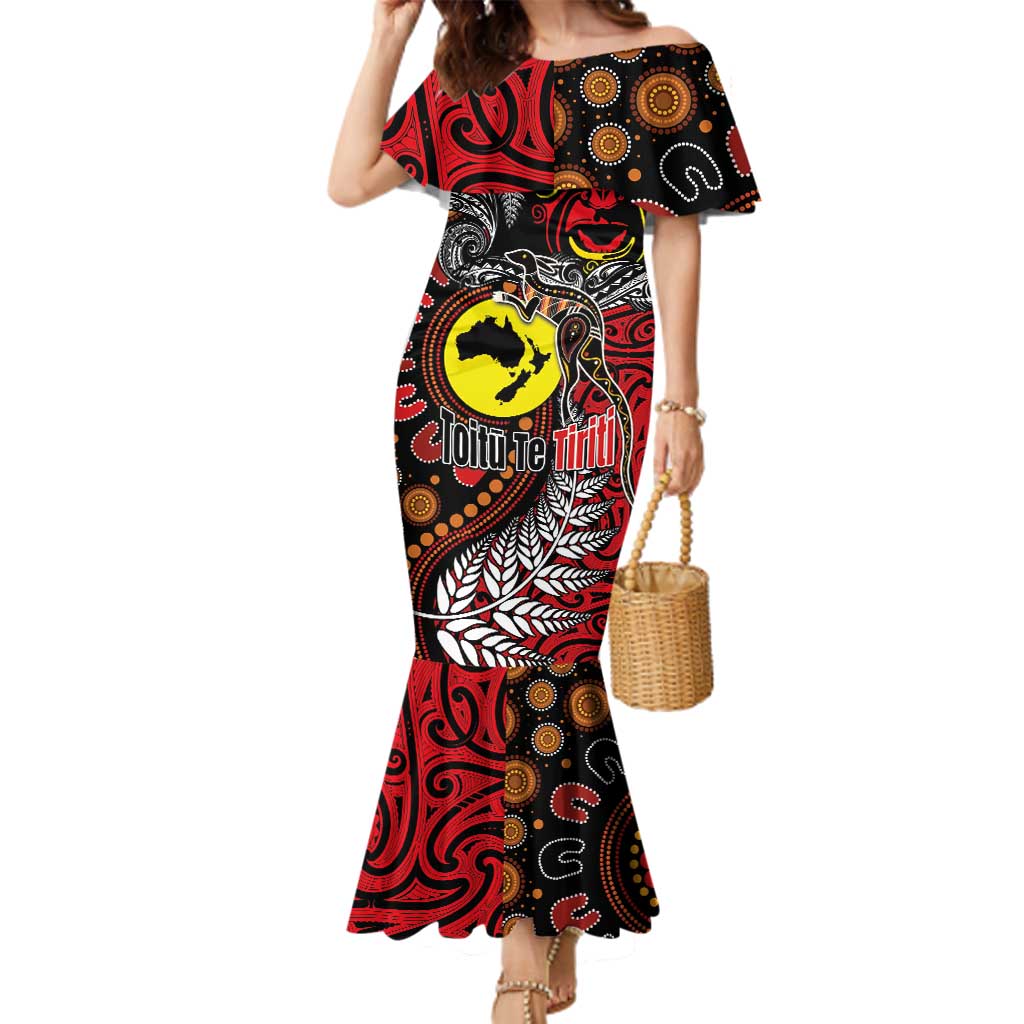 Aotearoa and Australia Toitu Te Tiriti Family Matching Mermaid Dress and Hawaiian Shirt Honour the Treaty - Stand Together Stand Stronger LT03 Mom's Dress Black - Polynesian Pride